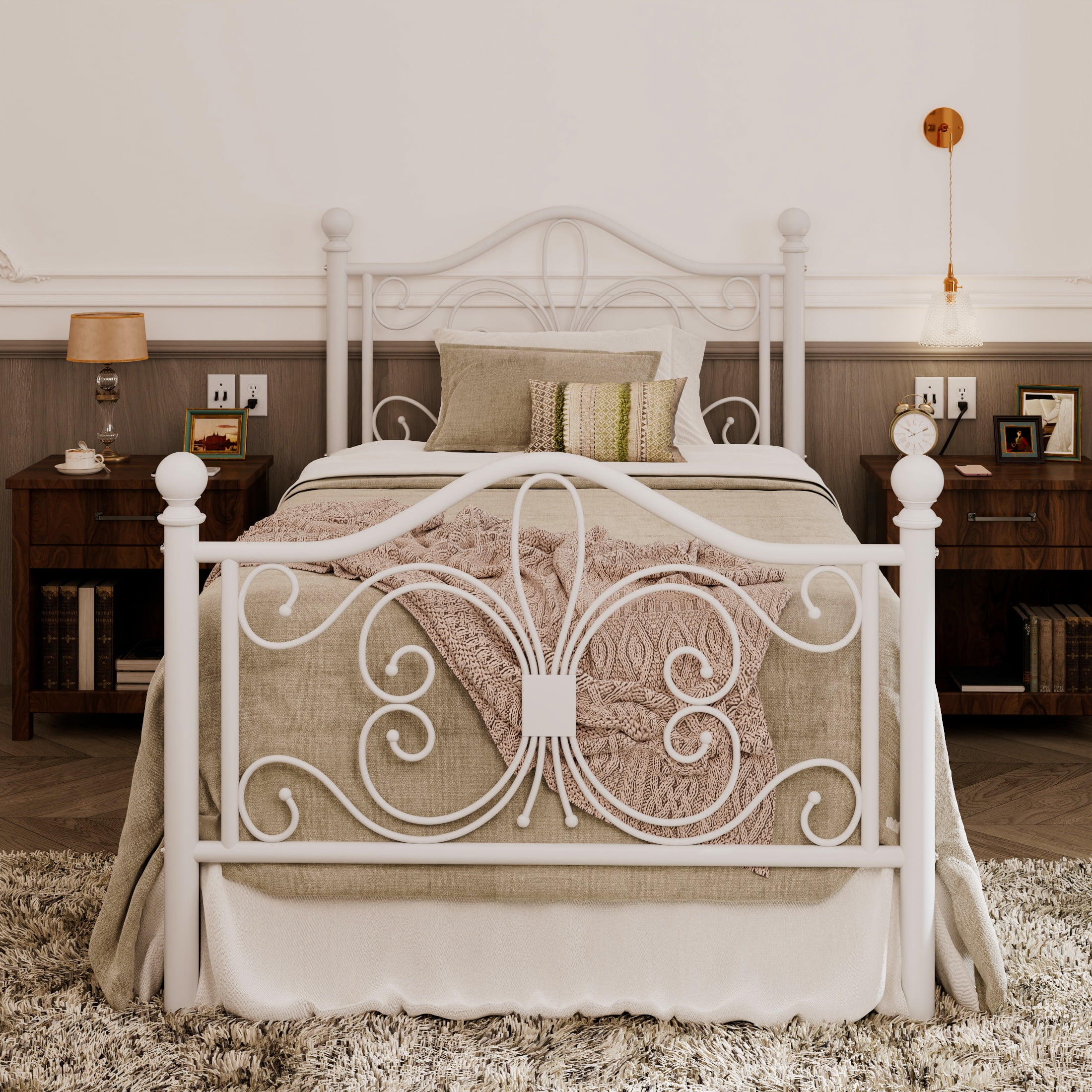 Allewie Twin Size Vintage Metal Bed Frame with Butterfly Pattern Design Headboard & Footboard, White