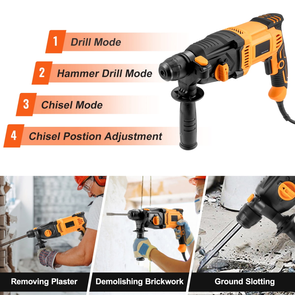 1" SDS-Plus Corded Rotary Hammer Drill, 4 Modes, Yellow, 8Amp YXY