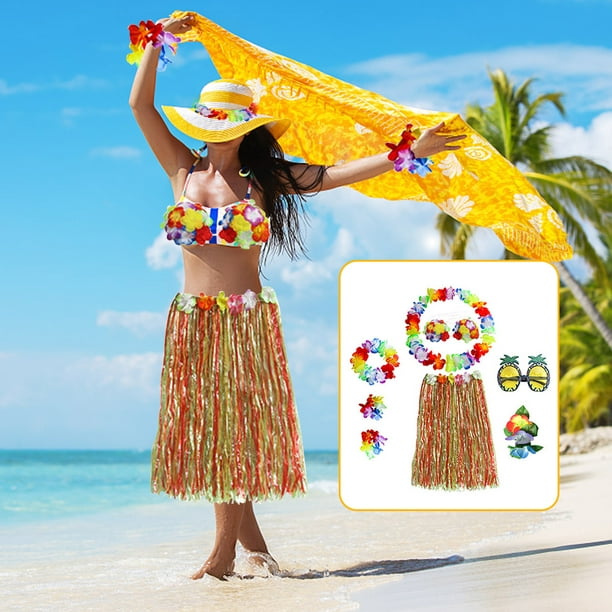 Peggybuy Grass Skirt Suit Party Dress Up Hawaiian Costume for Stage Beach  (Colorful)