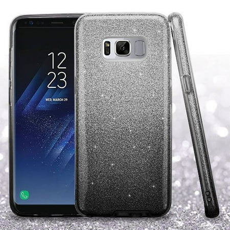 Black Sparkle Faceplate - Samsung Galaxy S8 Case - Wydan Slim Hybrid Glitter Sparkle Shock Absorbant Skin TPU Phone Cover Silver on Black
