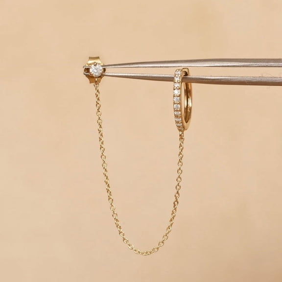 925 Starling Silver Round Diamond Earring Double Piercing Chain & Bar Stud Dainty Huggies for Woman, Drop Chain Hoop Earring Gift For MOM (Price For is Single)