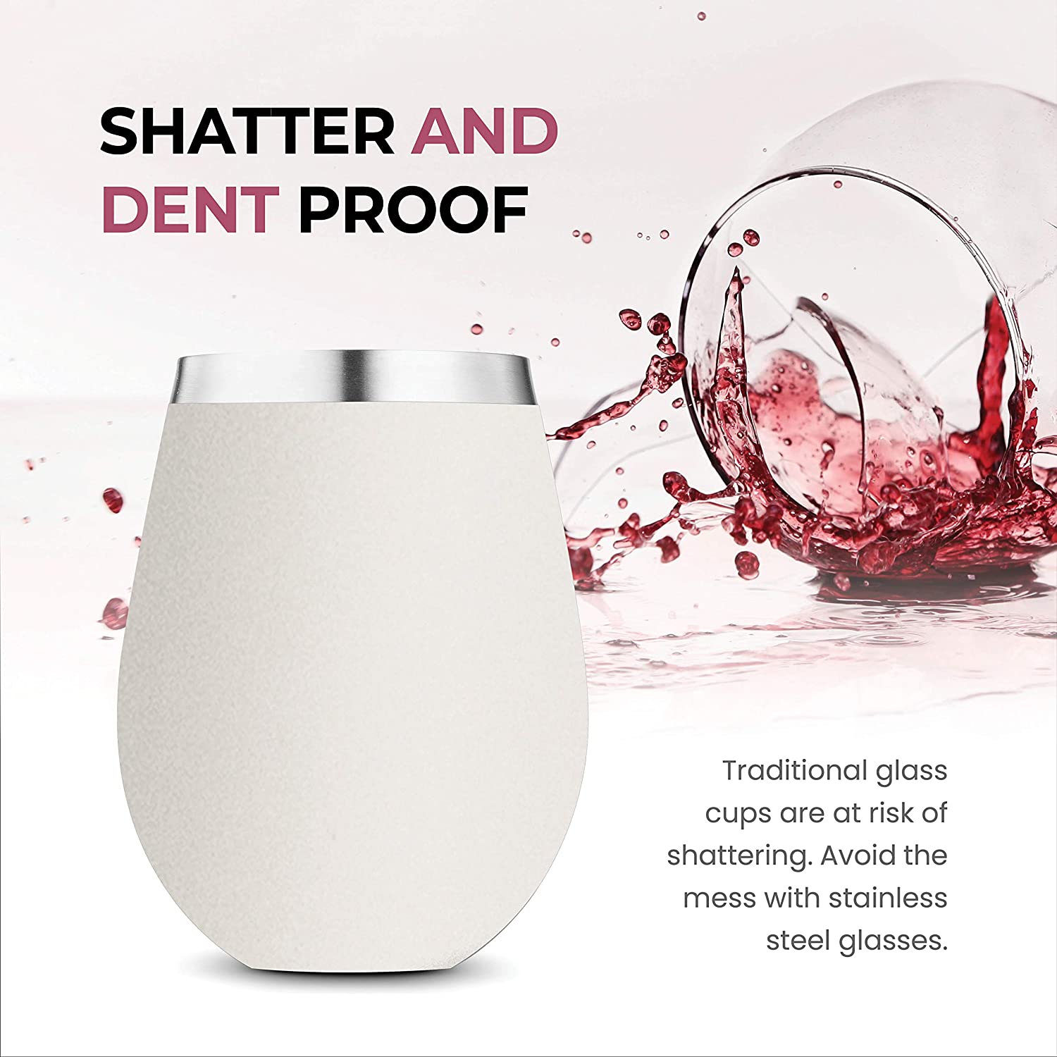 Stainless Steel Unbreakable Wine Glasses - 18 Ounce Set of 4 Wine glasses. Premium Grade 18/8 Stainless Steel Red & White Stemless Wine Glasses set, (Pure Pearly White)