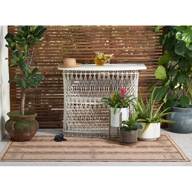 ECARPET Elowen transitional area rug in beige and brown stripes displayed outdoors under a white woven console table surrounded by green potted plants.