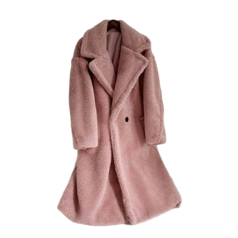 Frontwalk Women Outwear Turn Down Collar Long Trench Coat Pocket Overcoat Ladies Fashion Cardigan Double breasted Peach Color Teddy Coat XL Walmart