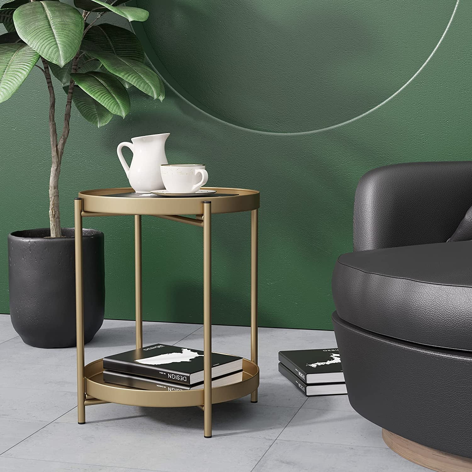 2-Tier Tray End Table, Round Metal Side Table, Folding Accent Coffee Table for Home and Kitchen, Gold
