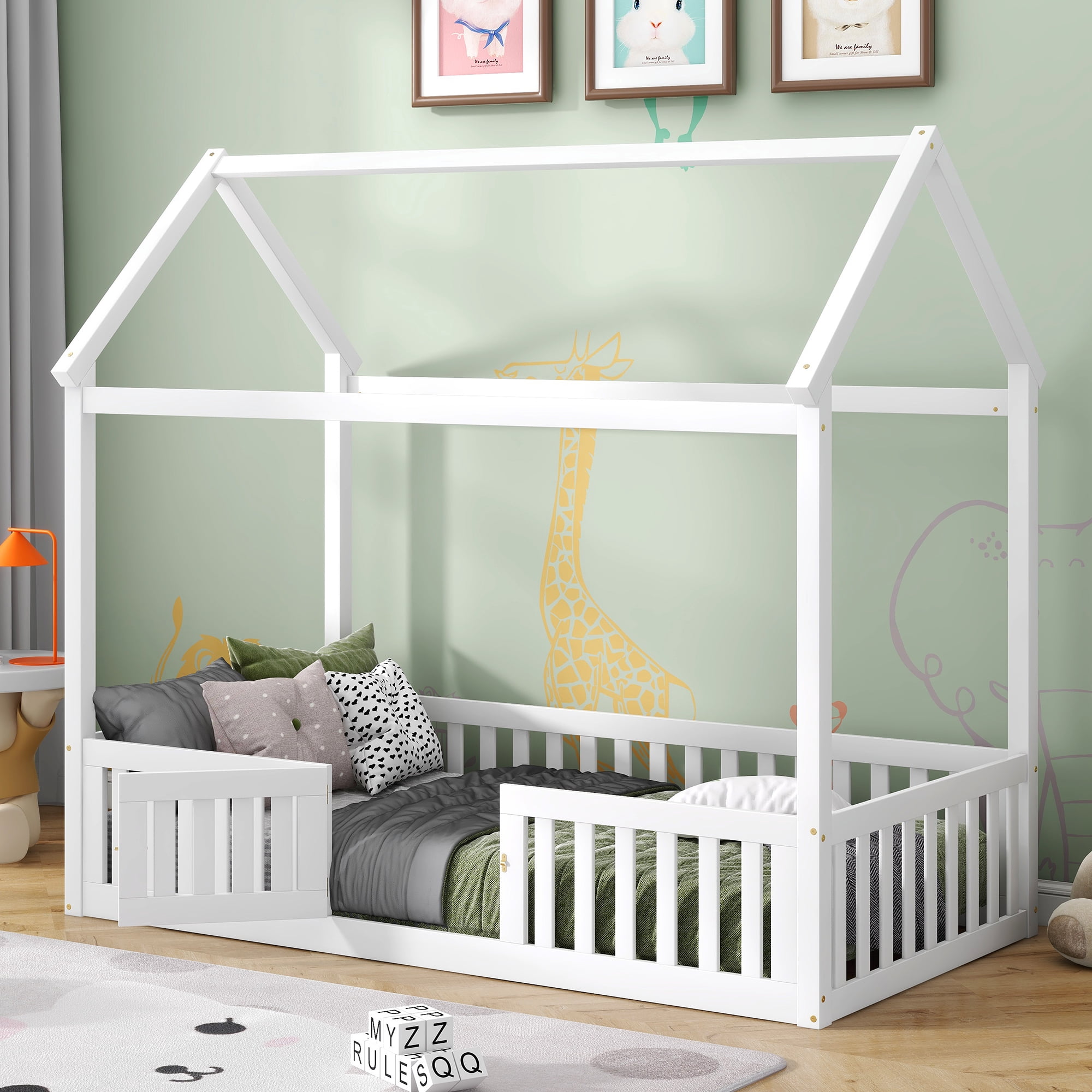 Euroco Twin Size Low House Bed with Fence and Door, White