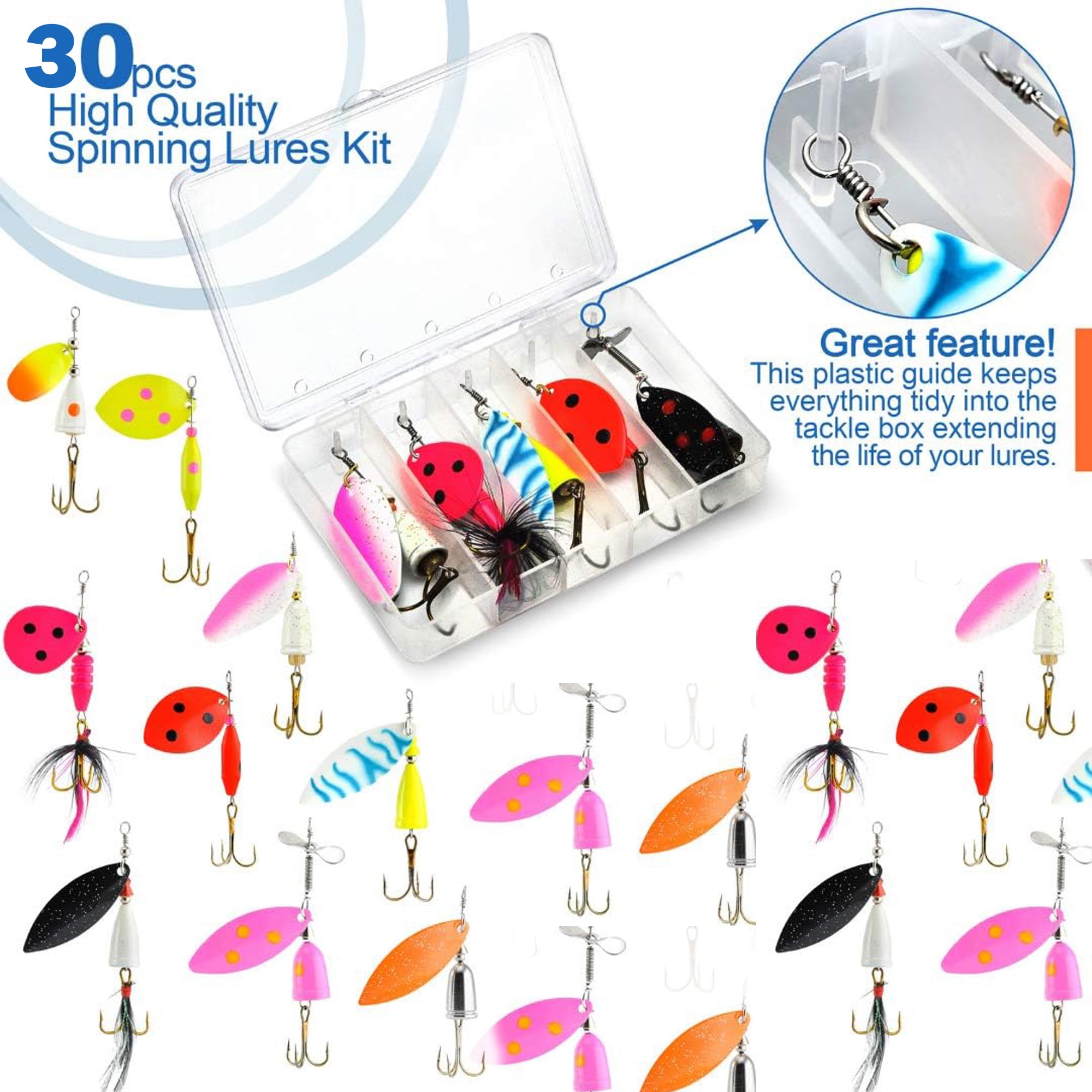 30PCS Spinnerbait Fishing Lures Set with 6 Tackle Boxes – UV Reflective Metal Blades for Bass, Trout, Salmon, and More – Freshwater & Saltwater Fishing Kit