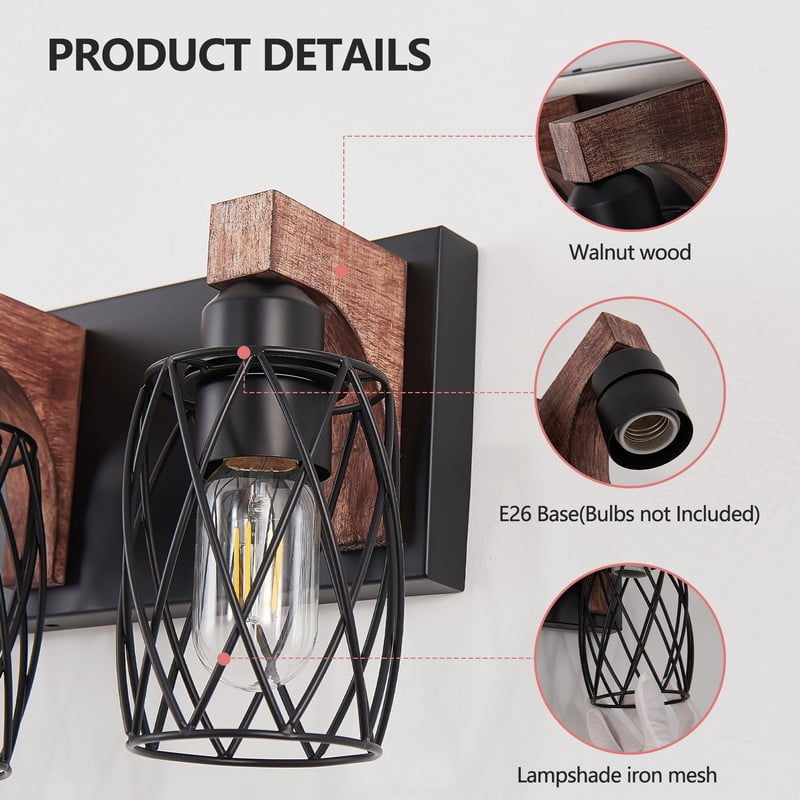 18" Industrial 3-Light Bathroom Vanity Light Fixture, Black Cage Wall Sconce with Wood Accents, Bathroom Light Fixtures Over Mirror, E26 Base, Bulbs Not Included