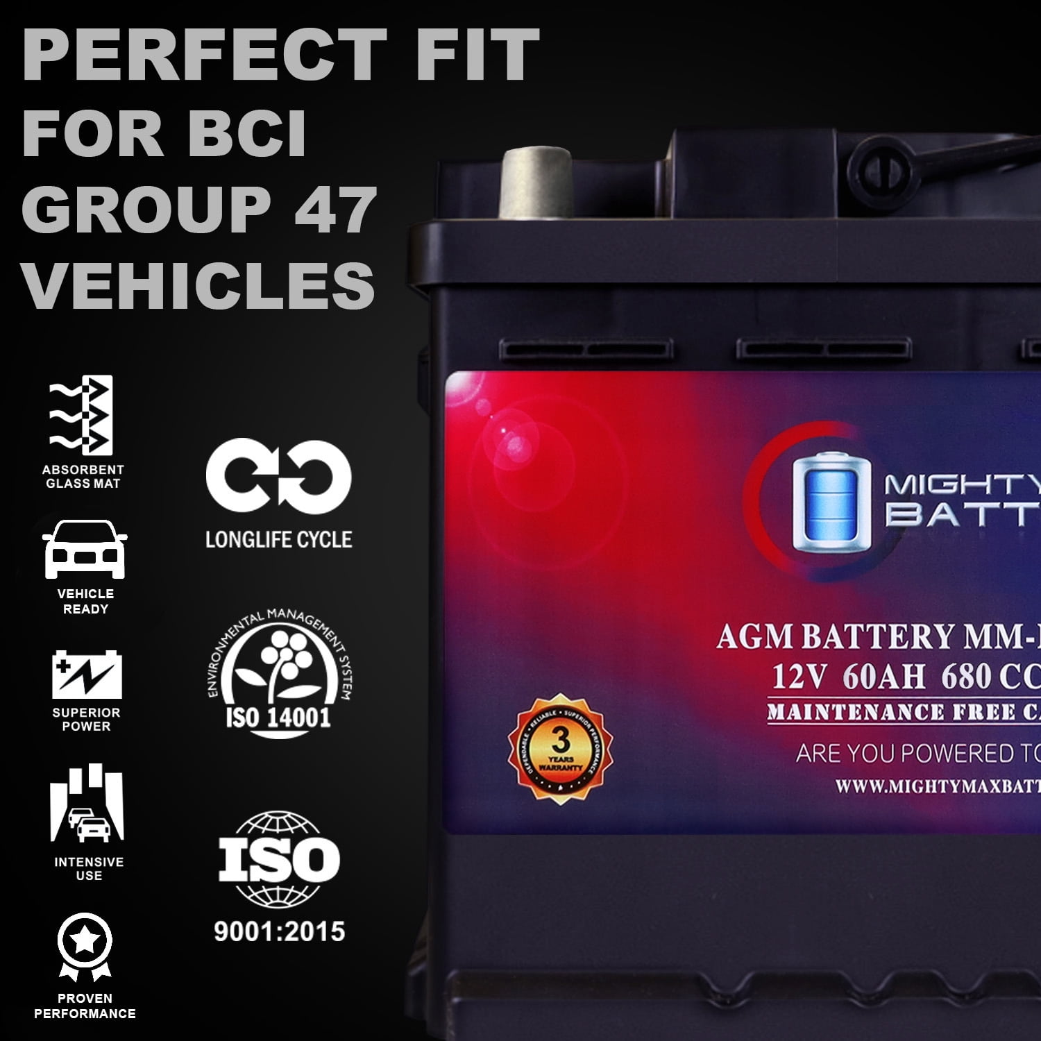 MM-H5 Start and Stop Car BCI Group Size 47 12V 60 AH, 100RC, 680 CCA Rechargeable AGM Car Battery