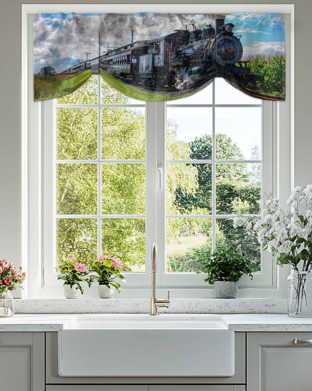 Steam Train Tie Up Valances Curtain, Adjustable Kitchen Railways Trees Landscape Modern Valances for Windows Decor, Rod Pocket Short Curtains Set for Bedroom/Bathroom, 54"x18"
