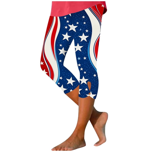 Pantalones de Pijama Capri para las Mujeres Día de la Independencia Impreso Leggings, 3/4 Longitud Pantalones Capris Cintura Elástica Alta, Poliéster Desgaste Casual