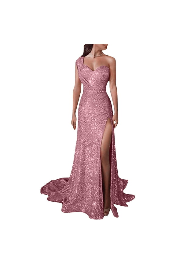 Cocktail Dresses, Women's V Neck One Shoulder Sequins Dress Back Zipper High Waist Formal Dress Floor Length Evening Maxi Dress