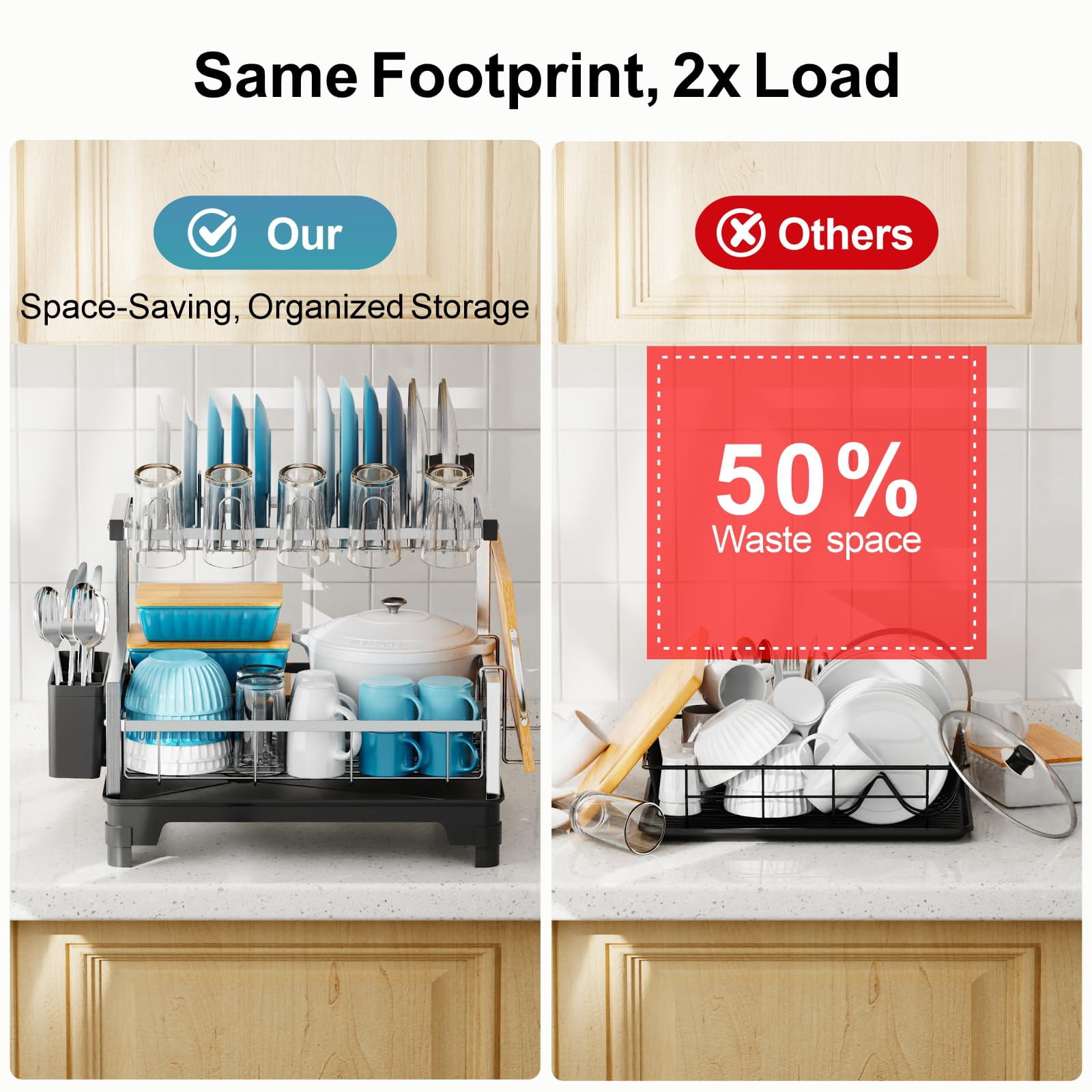 Stainless Steel Dish Drying Rack 2 Tier  Compact Racks For Kitchen Counter With Board Holder Auto-drain Spout Rust Proof Drainer Apartment 21" L X 12.6" W