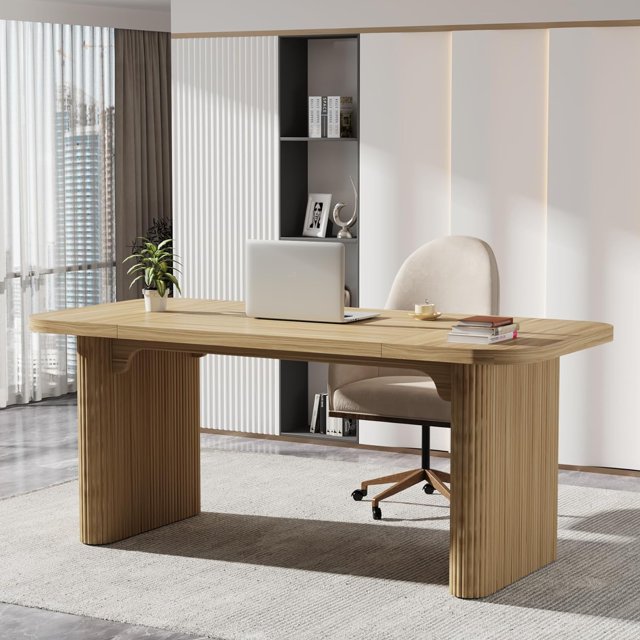 Tribesigns 62-Inch Executive Computer Desk, Large Rectangular Modern Wood Writing Table with Double Pedestal Base for Home Office, Easy Assembly, Natural Finish