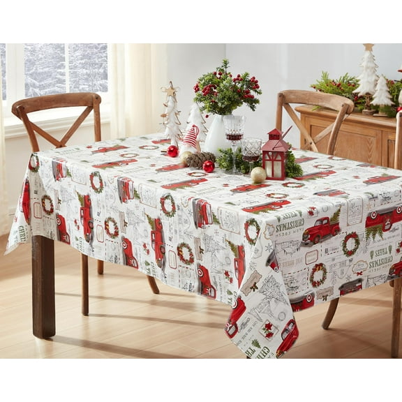 Holiday Christmas Tree Farm Truck Print 52 x 52 inch Square Vinyl Flannel Backed Dining Tablecloth