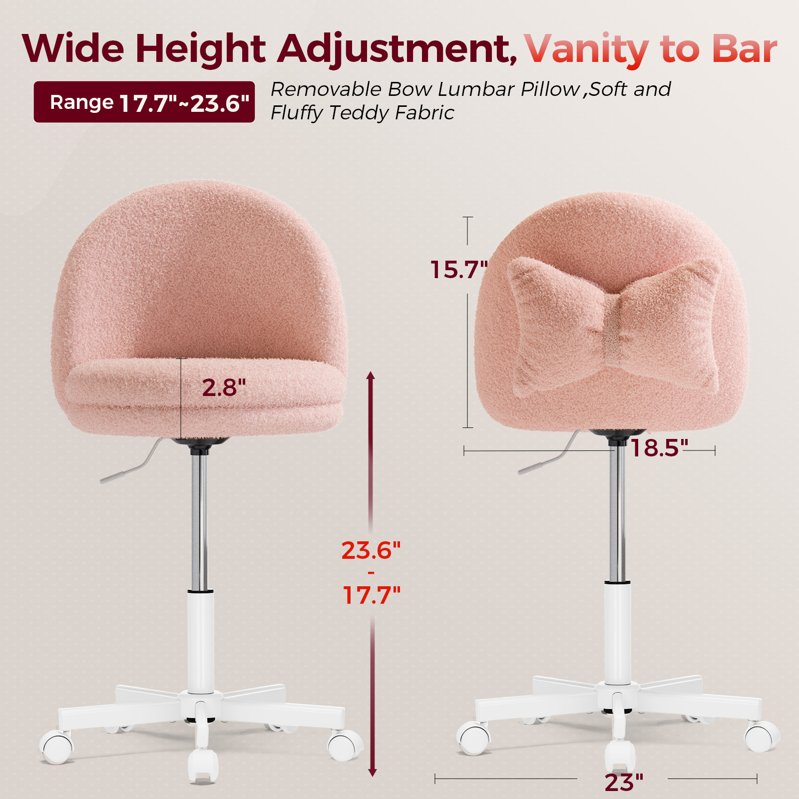 CloudRest Pro Vanity Chair with Back & Wheels, Adjustable Swivel Velvet Stool for Bedroom, Home Office, Pink