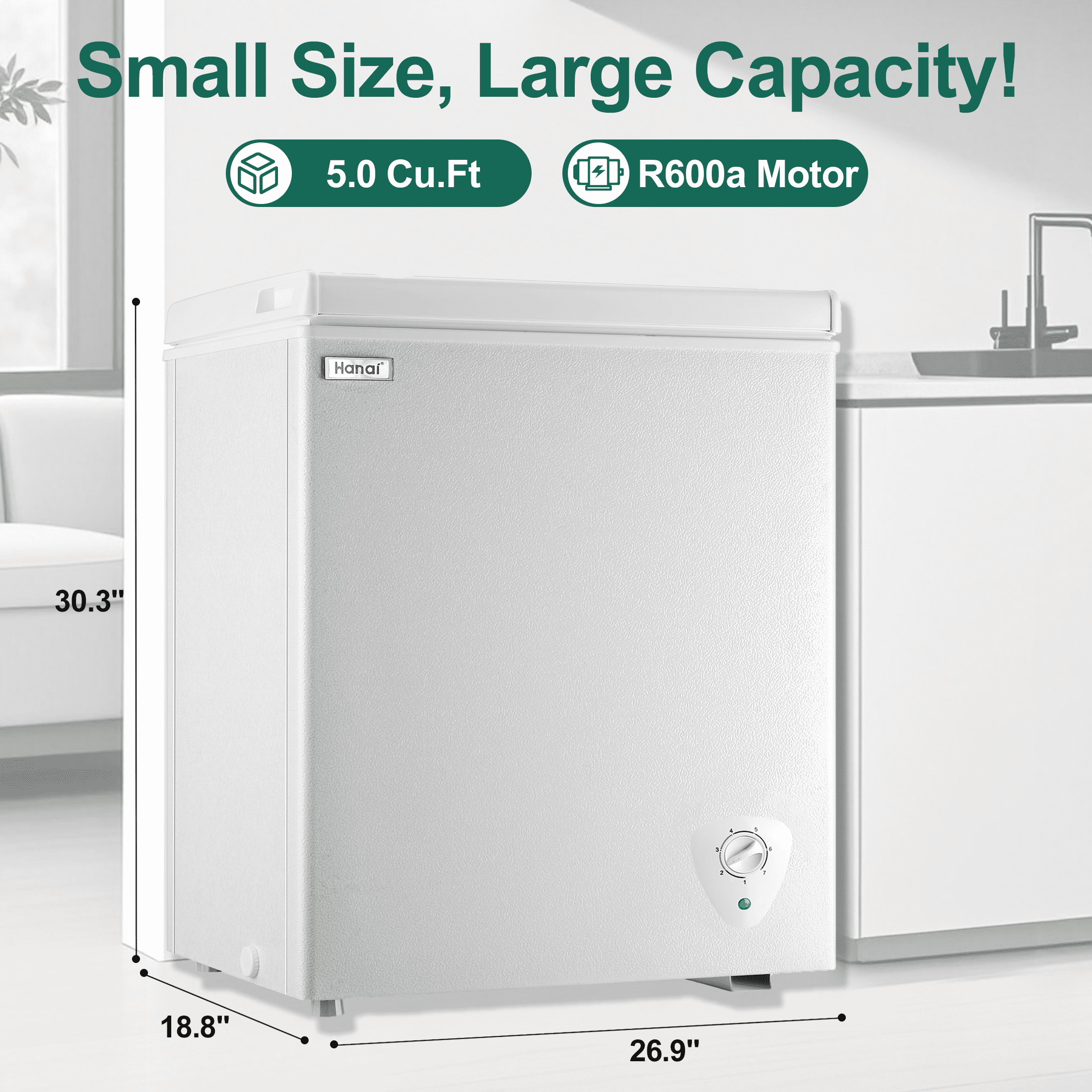 WANAI 5.0 Cubic Chest Freezer, Compact Deep Freezer,White