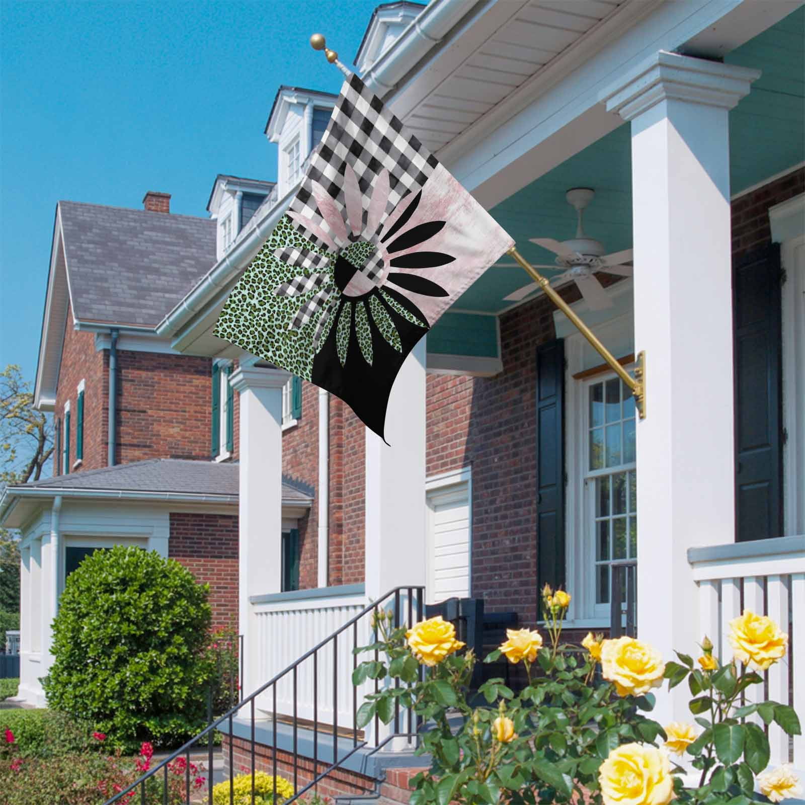 Daisy House Flag 28 x 40 Inches, Black White Buffalo Check Leopard Black Pink Weather Proof Outdoor Patio Flags Double Sided Small House Decoration for Yard Lawn Outside Home