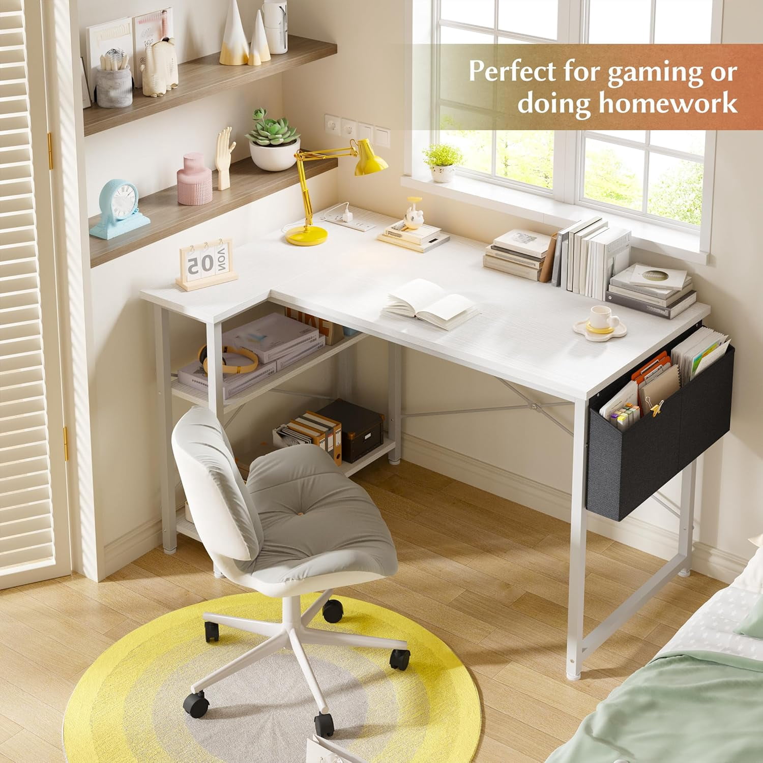 CHTER Small Computer Desk with Storage Shelves & Side Bag, 40 Inch L Shaped Gaming Desk with Power Outlets, Corner Desk Study Writing Table for Home Office Bedroom Living Room, White
