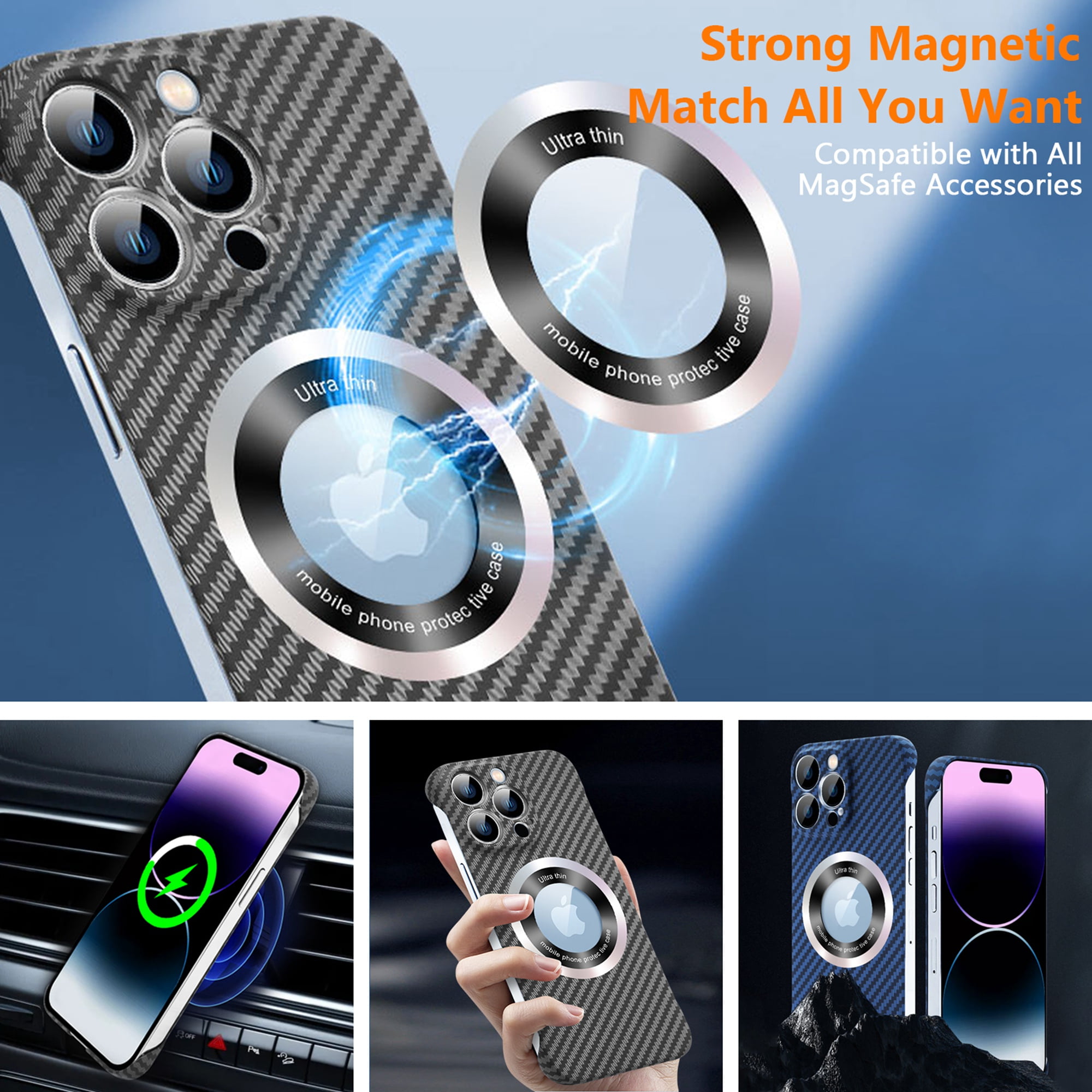 ELEHOLD MagSafe Compatible iPhone 14 Pro Max Case, Ultra Slim Carbon Fiber  Texture Back Cover Frameless Bumper Case with Scratch Resistant Logo View  Window for iPhone 14 Pro Max,Silver 