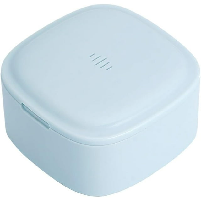 Big Retainer Case with Vent Holes, Deep Denture Bath Cup with Magnetic Closure, Discreet False Teeth Soaking Container, Large Mouth Guard Cleaning Box (Pastel Blue)
