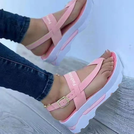 

JeashCHAT Women s Flatform Thong Sandals Open Toe Buckle Ankle Strap Platform Sandals with Arch Support Summer Ladies Clip-Toe Casual Sandals (Pink)