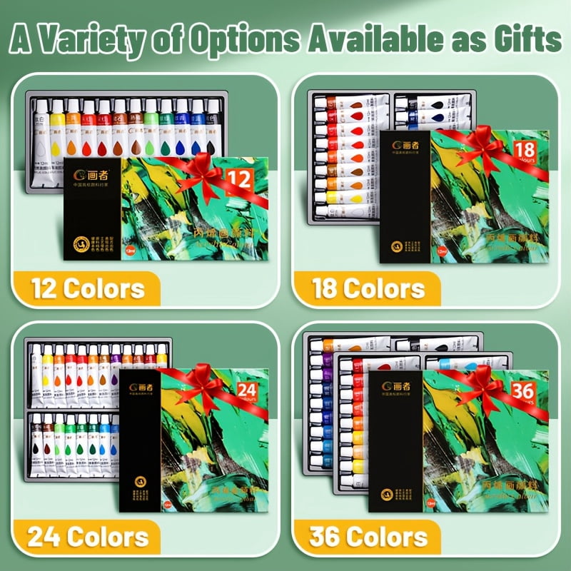 Acrylic Paint Set, 12/18/24/36 Colors, Fade-Resistant for Paper, Wood, Canvas, Rocks, Ceramics, Clothing & Wall Art. Artists & Hobbyists, 0.41oz Tubes