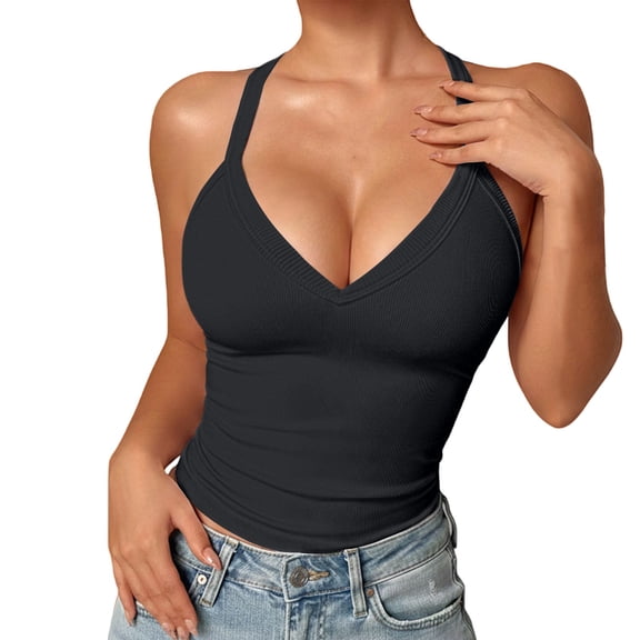 Basic Tank Tops for Women Racerback V Neck Basic Top With Built-In Shelf Bra Comfort Workout Tank Tops Woman Black M
