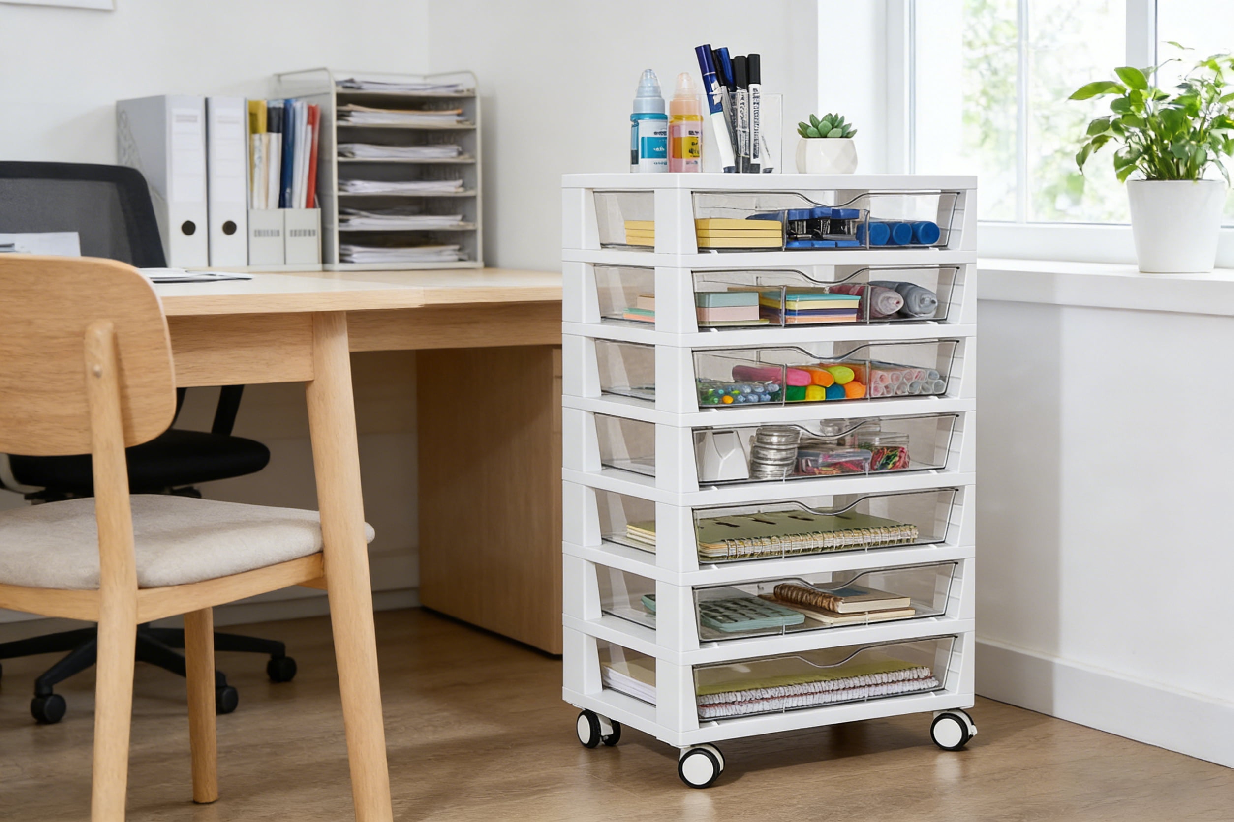 Sindcom Storage Rolling Drawer Cart, Clear Plastic Organizer with 7 Drawers and 7 Removable Dividers for Art &Office Supplies, Beauty Products, Toy, Under Desk Storage for Craft Room, Classroom