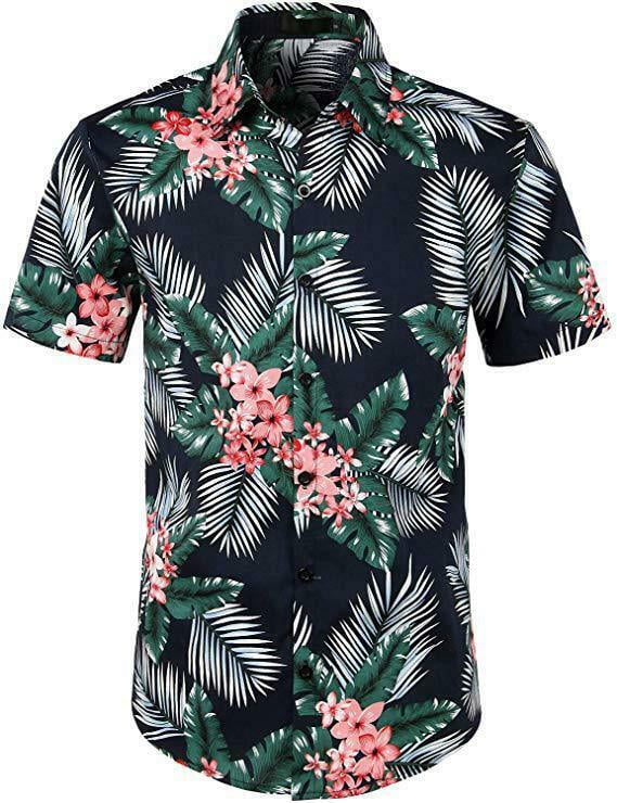 Men Hawaiian Shirt Beautyfine Short Sleeve Front-Pocket Beach Floral Printed Tee Top 