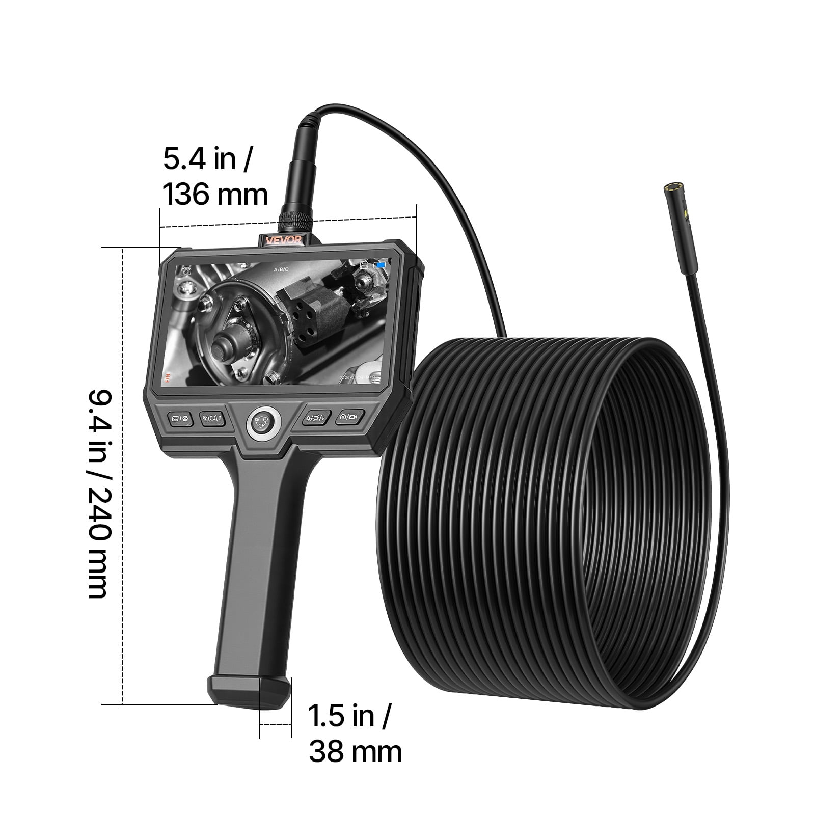 VEVOR Triple Lens Endoscope with 32.8FT Newly Ultra-Rigid Cable, Industrial Borescope with Light, 5" HD IPS Screen, 8 + 2 Lights, 8X Zoom, 5000mAh, IP67 Waterproof Snake Camera for Auto, Plumbing