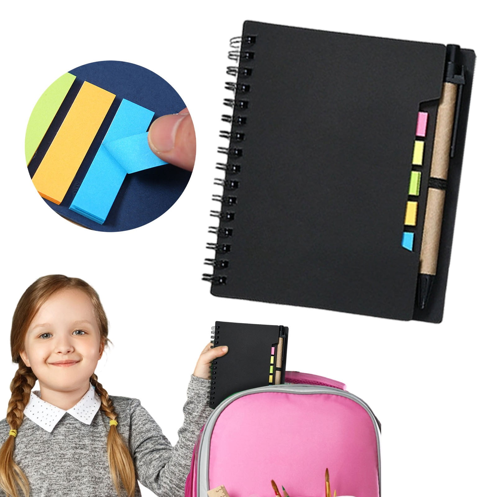 4 Pcs Lined Spiral Notebooks with Sticky Notes and Pens Kraft Notebook with Pen Bulk Sticky Coil Notepad Monthly Planner Notepad for Smooth Writing Meeting Notes Reminders, 5.7"x4.56", Multicolor
