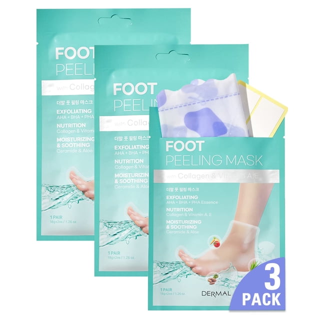 Mascarilla exfoliante para pies DERMAL KOREA, paquete de 3 con aloe vera y colágeno