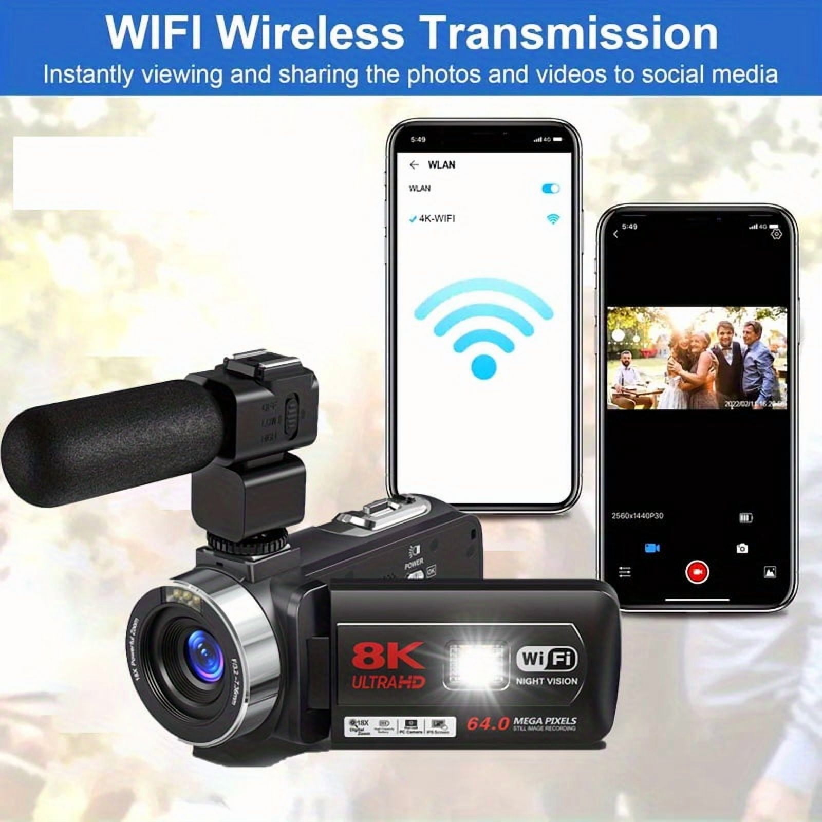 Camcorder Video Camera, 8K 64MP IR Night Vision, 18X Digital Zoom WiFi Camera, 3.0" Touch Screen, Microphone, 32G SD Card, Remote Control, 2 Batteries