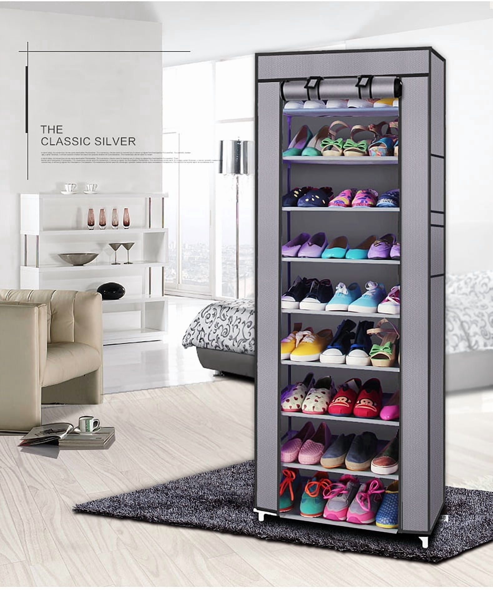 10 Tiers Shoe Rack, Paproos Fabric Shoe Storage Cabinet Organizer with Dustproof Cover, Space Saving Shoe Shelf Closet Storage, Fit 27 Pairs Shoe Shoe Organizer for Entryway Living Room Dorm, Gray