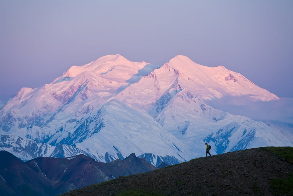 Scenic View Of Mt Mckinley At Dawn With The Silhouette Of A Hiker In The Foreground At Grassy Pass Denali National Park & Preserve Interior Alaska Summer Canvas Art - Michael DeYoung Design Pics (17