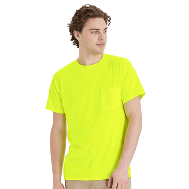 Hanes Men's Workwear Pocket T-Shirt, Moisture-Wicking, Odor Control, Hi- Vis Safety Green Tee, S