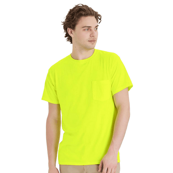 Hanes Men's Workwear Pocket T-Shirt, Moisture-Wicking, Odor Control, Hi- Vis Safety Green Tee, S