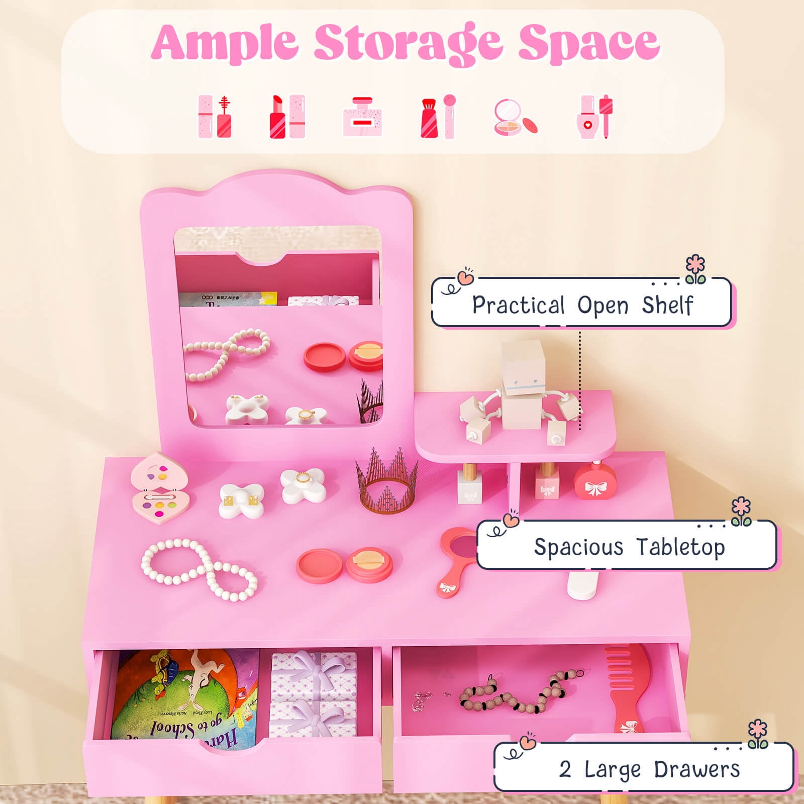 Costway Kid Vanity Table Chair Set with Mirror Large Storage Drawers Wooden Legs Pink