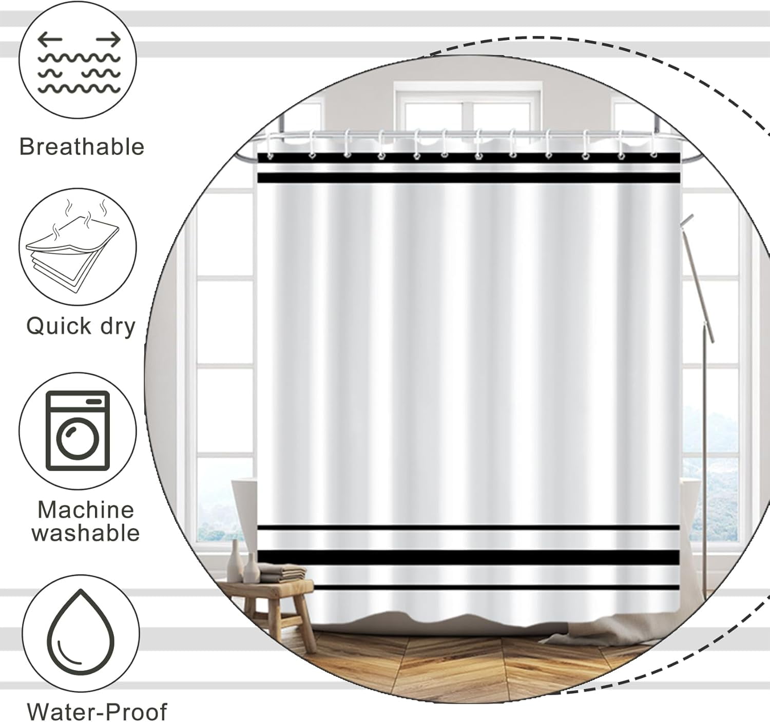 Striped Shower Curtain for Bathroom Minimalism Style Shower Curtain Set Black and White Stripes Shower Curtains Dormitory Cubicle Waterproof Fabric Shower Curtain with Hooks 72x72 Inches
