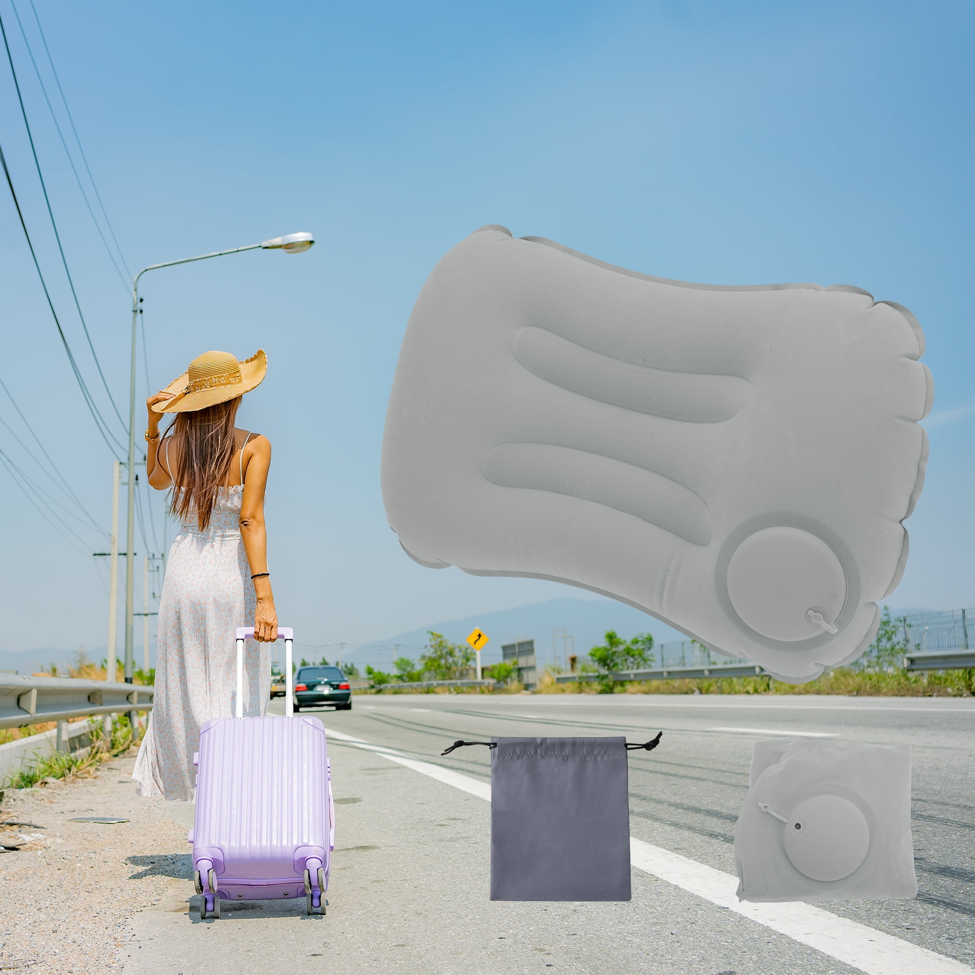 Unique Bargains Travel Pillow Press to Inflate Neck Pillow Light Gray 19.29"x12.6"
