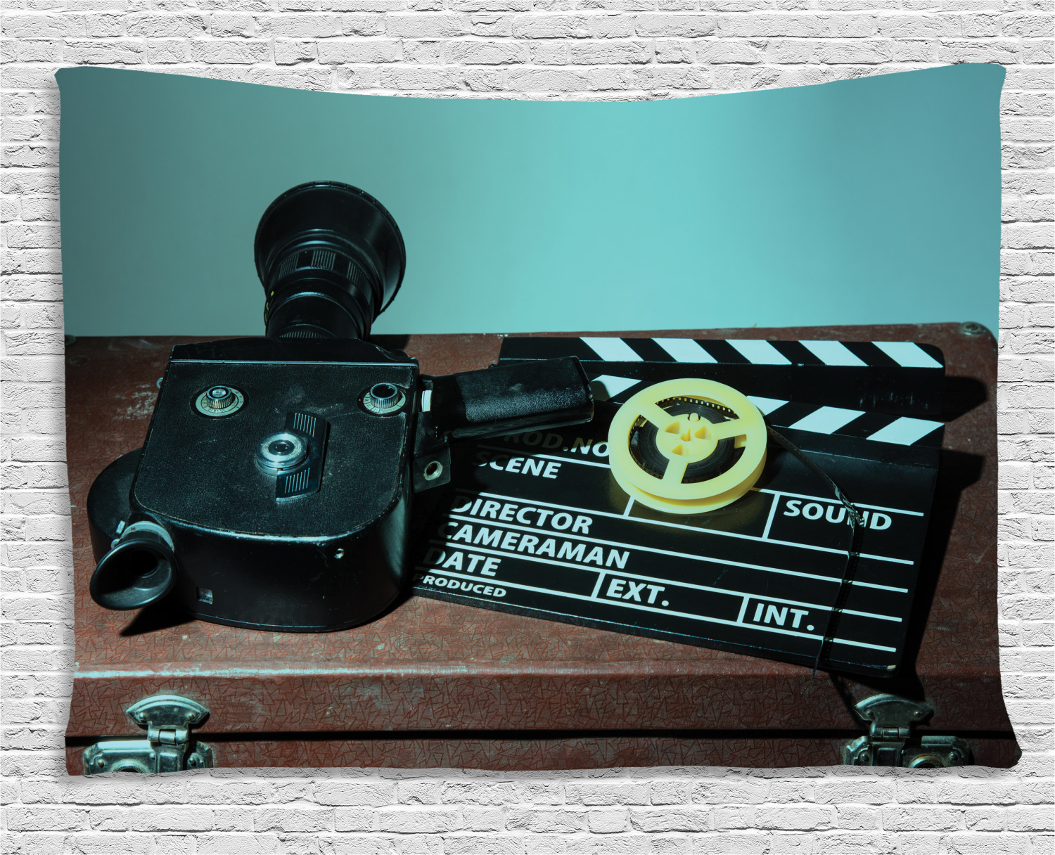 Old Hollywood Tapestry, Retro Style Camera Clapper and Reel with Films