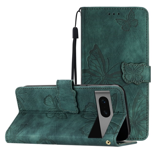 Compatible with Google Pixel 7 Embossed Butterfly Case with Wallet and Kickstand Cover