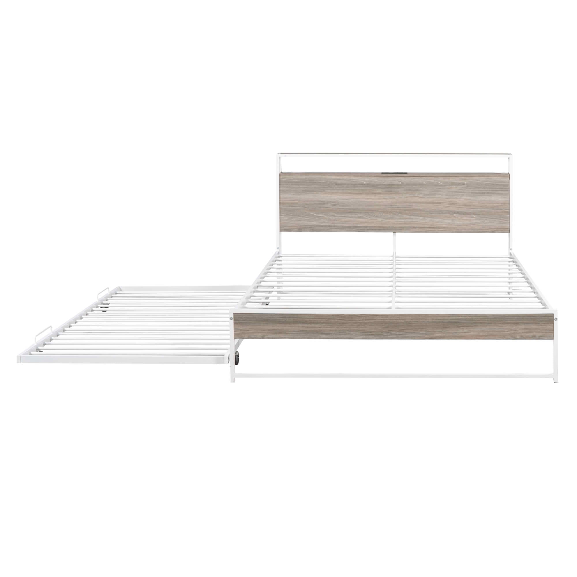MAYEERTY Full Size Metal & Wood Daybed with Trundle, Headboard Shelves with USB & Socket, Sturdy Noise-Free Frame No Box Spring Needed