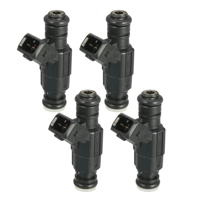 4uds 0280156061 coche vehículo gasolina combustible inyector boquilla juego de cuatro inyectores negros en vista cenital frontal con cuerpo metal y plástico, conector eléctrico de 2 pines, juntas tóricas preinstaladas, orificio tipo disco de 4 orificios y dimensiones 62 x 31 x 20 mm; compatible con motores VW/Audi 1.8T; también adecuados para pruebas de flujo en banco de taller como repuesto no OEM.