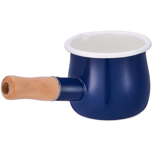 Cacerola para leche esmaltada, mini calentador de mantequilla, cacerola esmaltada de 4 pulgadas y 17 onzas, utensilios de cocina pequeños con mango de madera, tamaño perfecto para calentar porciones