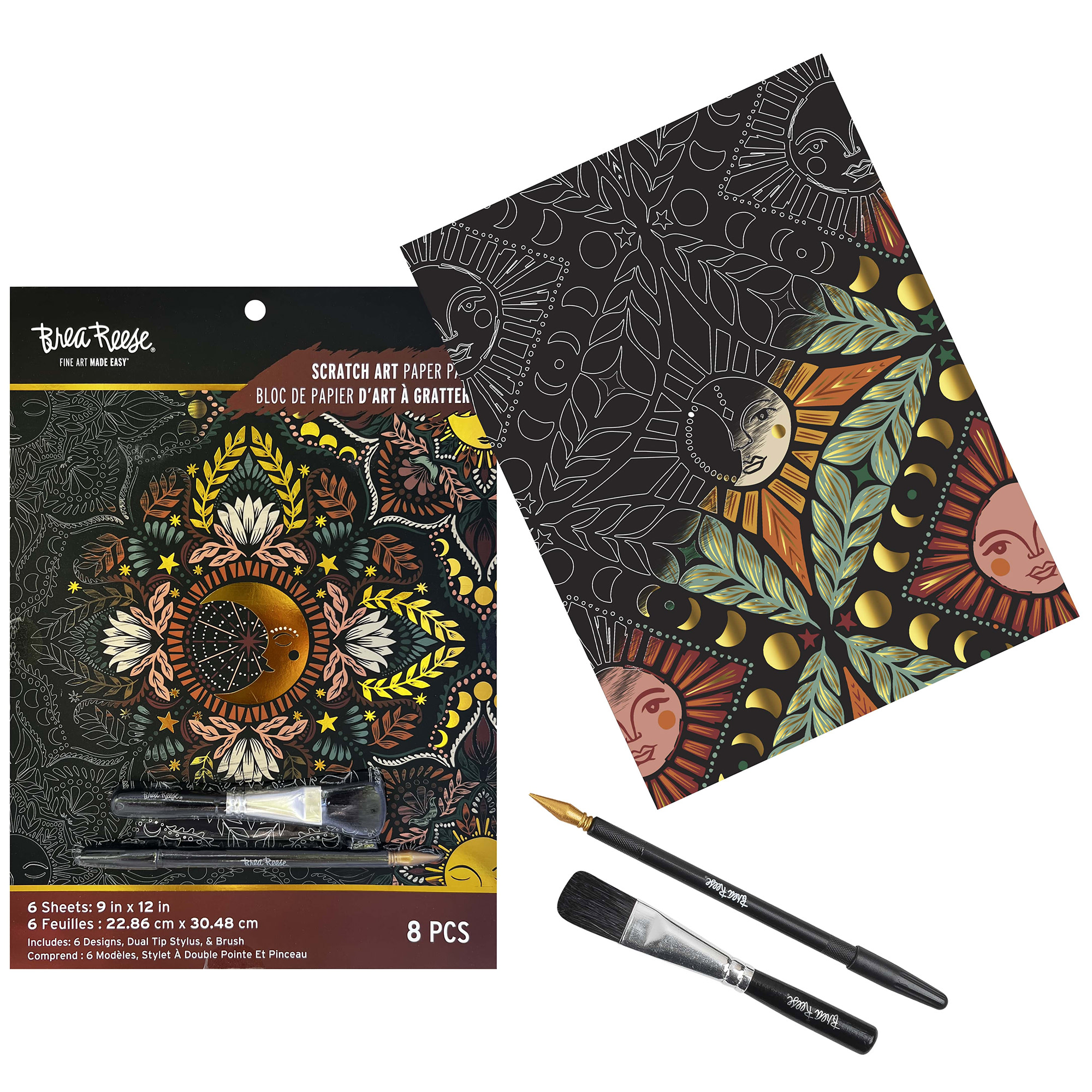 Brea Reese: Scratch Art Paper Pad - Moon & Sun - 6 Designs, Guided Art, Metallic Accents, Stylus & Brush, Perforated 9x12" Pages, DIY Adult Craft Kit