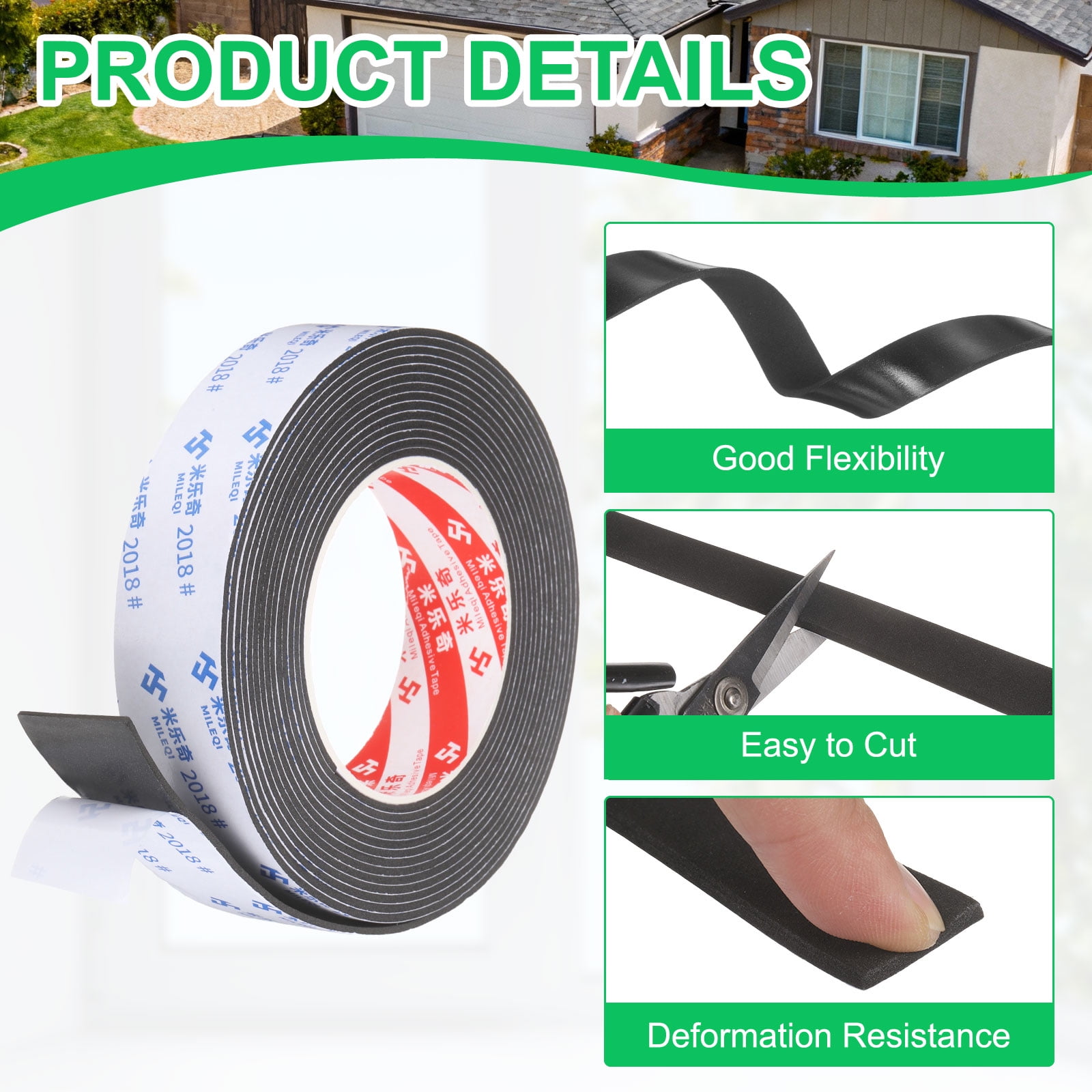 Uxcell 5Roll Sponge Rubber Foam Tape, 1 3/16" W x 5/64" t x 16.4ft l Self-Adhesive Foam Insulation Tape Weather Stripping for Window Door Soundproofing Weatherstrip AC Seal Strip, Black