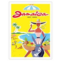 Jamaica - West Indies - Caribbean - Jamaican Beach Fruit Vendor on Donkey - Vintage Travel Poster c.1950s - Bamboo Fine Art 290gsm Paper Print (Unframed) 24x32in
