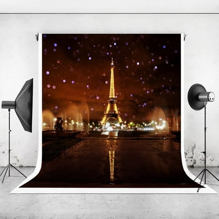 Image of GreenDecor 5x7ft Photography Backdrop Studio Props Night Lights Up Paris Eiffel Tower Photo Background